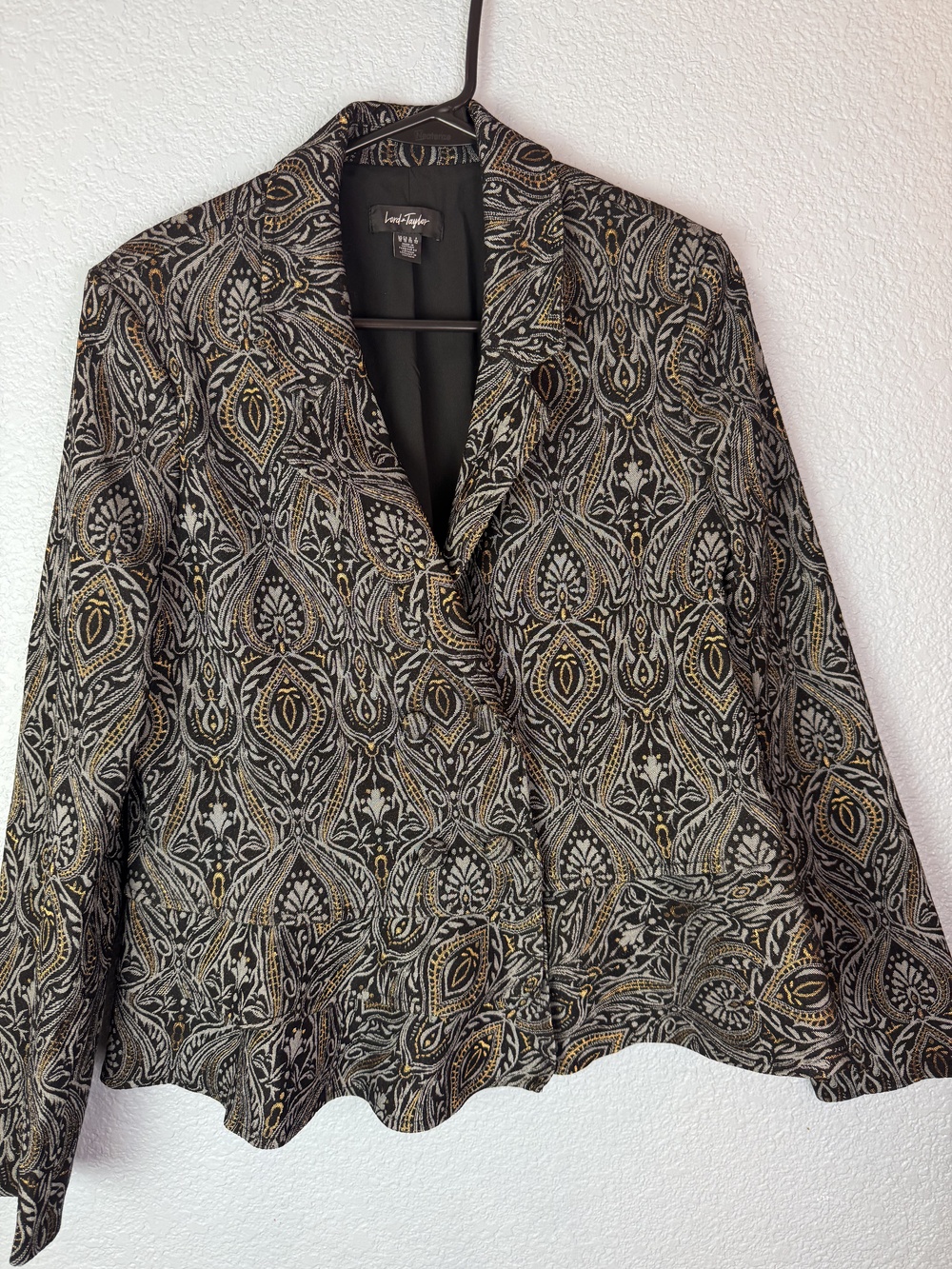 Lord & Taylor Blazer Womens 10 Jacquard Paisley Button Up Gold Black Elegant Jac